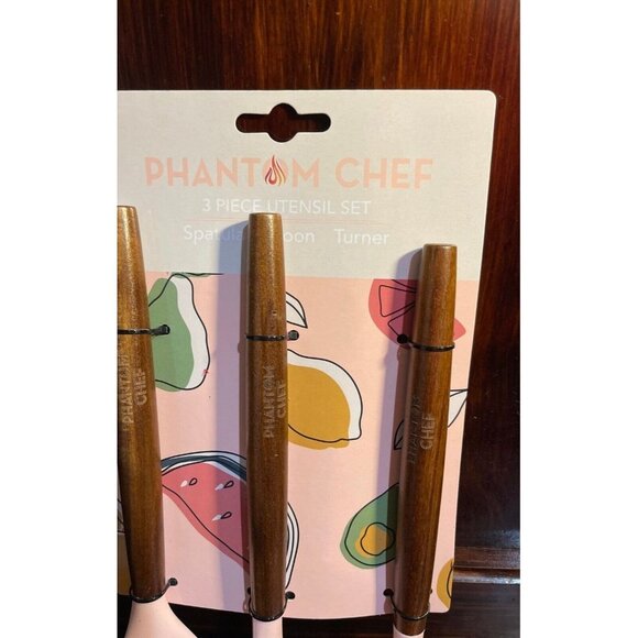 Phantom Chef 3-Piece Kitchen Utensil Set With Wooden Handles & Pink Silicone New - Picture 2 of 3